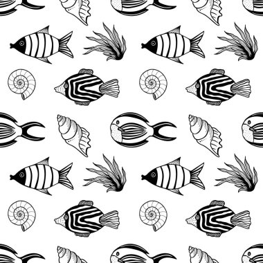 Balık, yosun ve deniz kabuklarıyla kusursuz desen. Siyah ve beyaz el çizimi vektör çizimi. Kusursuz bir geçmişi var. Duvar kağıdı tasarımı. Kumaş tasarımı. Şirin balıklarla basit vektör deseni.