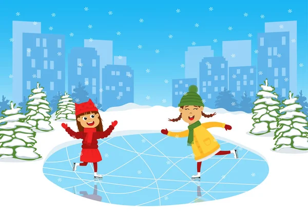 かわいい笑顔の女の子は リンク上のアイススケート 背景に街と冬のシーン 幸せな子供たちと冬の活動 面白いアイススケートシーン クリスマスデザイン 平面ベクトル図 — ストックベクタ