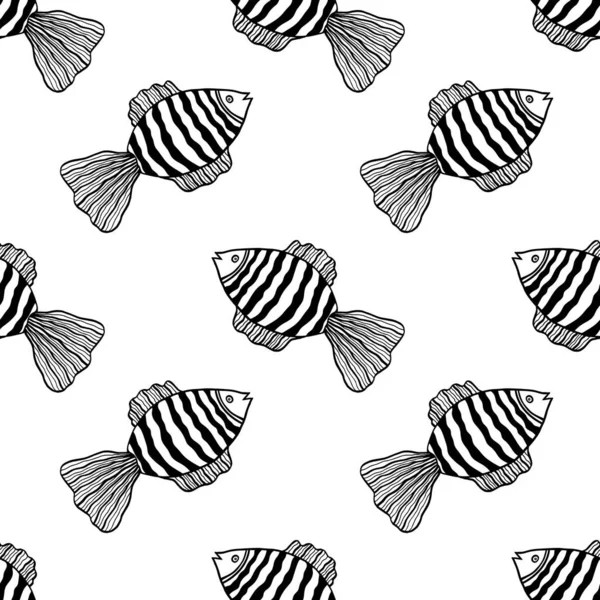 Płynny wzór z rybami w czerni i bieli — Wektor stockowy