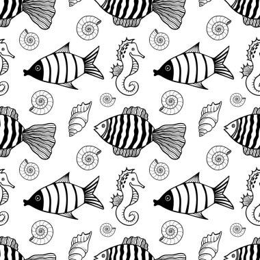 Balıklar, denizatları ve deniz kabuklarıyla kusursuz desen. Siyah ve beyaz el çizimi vektör çizimi. Kusursuz bir geçmişi var. Duvar kağıdı tasarımı. Kumaş tasarımı. Şirin balıklarla basit vektör deseni.