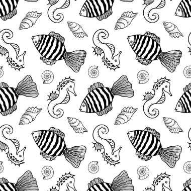 Balık ve denizatlarının kusursuz desenleri.