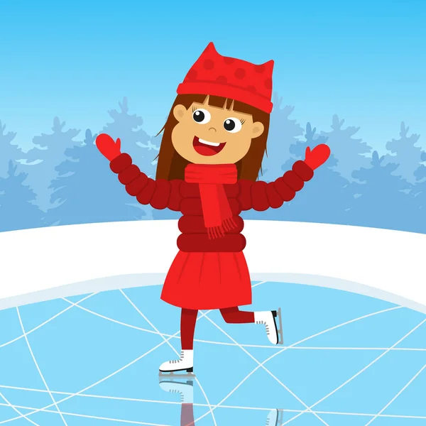 Glückliches Mädchen beim Schlittschuhlaufen auf dem Eis. Vektorillustration. — Stockvektor