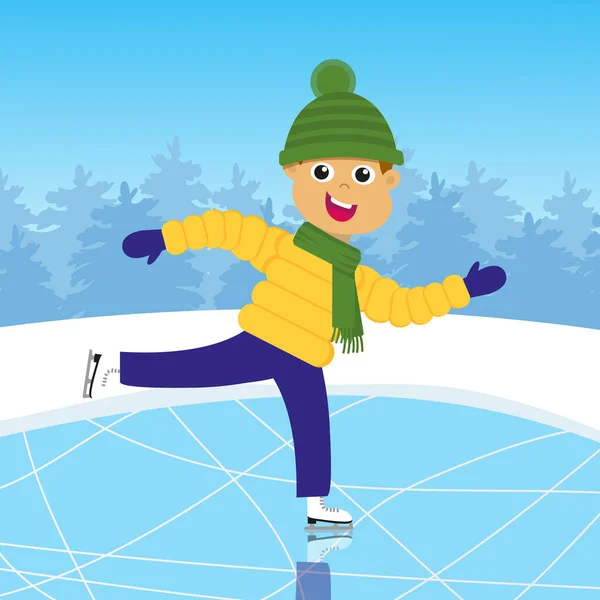 Happy boy skating on ice. Vector illustration. — Stock Vector