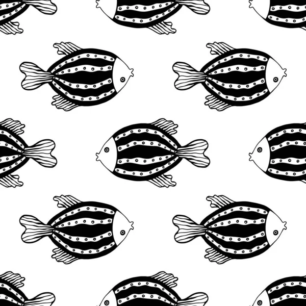 Modèle sans couture avec des poissons en noir et blanc — Image vectorielle