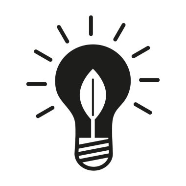 Yapraklı parlak ampul. Ekoloji konsepti. Sürdürülebilir enerji konsepti. İzole edilmiş ağ simgesi. Logo tasarımı. Siyah beyaz düz vektör illüstrasyonu. 