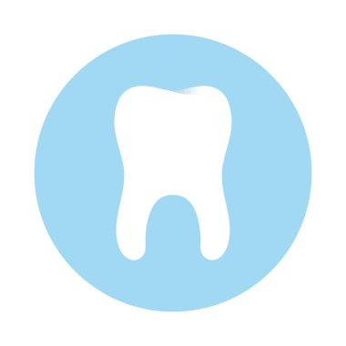 Mavi arka planda beyaz diş. Diş bakımı konsepti. Diş bakımı ikonu. Dişçi logosu tasarımı. Düz vektör illüstrasyonu.