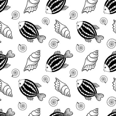 Kabuklu ve balıklı kusursuz desen. Siyah ve beyaz el çizimi vektör çizimi. Kusursuz bir geçmişi var. Duvar kağıdı tasarımı. Kumaş tasarımı. Şirin balıklarla basit vektör deseni.
