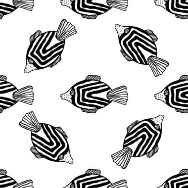 Balıklarla kusursuz bir desen. Siyah ve beyaz el çizimi vektör çizimi. Kusursuz bir geçmişi var. Duvar kağıdı tasarımı. Kumaş tasarımı. Şirin balıklarla basit vektör deseni.