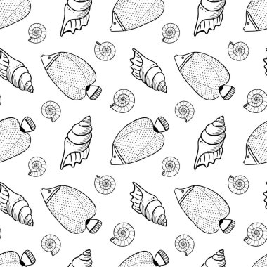 Kabuklu ve balıklı kusursuz desen. Siyah ve beyaz el çizimi vektör çizimi. Kusursuz bir geçmişi var. Duvar kağıdı tasarımı. Kumaş tasarımı. Şirin balıklarla basit vektör deseni.