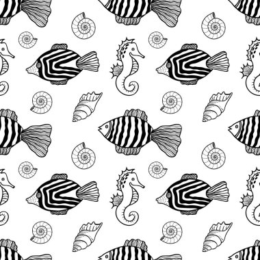 Balıklar, denizatları ve deniz kabuklarıyla kusursuz desen. Siyah ve beyaz el çizimi vektör çizimi. Kusursuz bir geçmişi var. Duvar kağıdı tasarımı. Kumaş tasarımı. Şirin balıklarla basit vektör deseni.