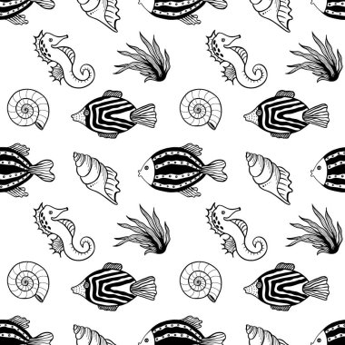Balık, yosun, deniz atı ve deniz kabuklarıyla kusursuz desen. Siyah ve beyaz el çizimi vektör çizimi. Kusursuz bir geçmişi var. Duvar kağıdı tasarımı. Kumaş tasarımı. Şirin balıklarla basit vektör deseni.