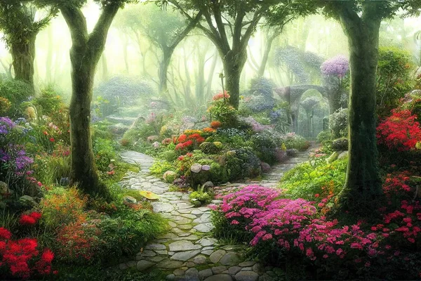 Secret magic garden for Fantasy background.  Fae woods with misty trees and flowers.  Cobblestone path into the woods.