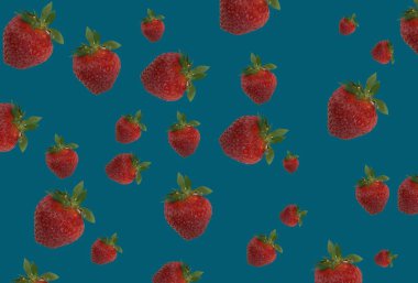 Tasarım için arka plan, pankart ve duvar kağıdı. Kırmızı çilek. Farklı açılarda 3D, mavi arka planda kaotik. Desen