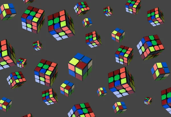 Tasarım için arka plan, pankart ve duvar kağıdı. Çocuk renkli küpleri var. Farklı açılardan 3D, gri arka planda kaotik. Desen