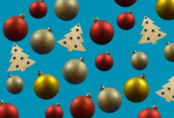 Tasarım için arka plan, pankart ve duvar kağıdı. Noel baloları ve dekorasyonlar. Farklı açılarda 3D, mavi arka planda kaotik. Desen