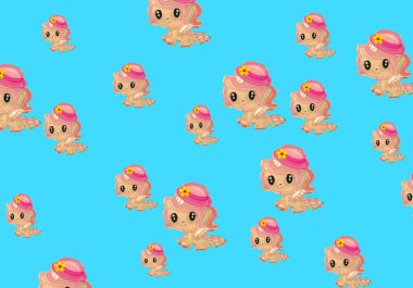 Tasarım için arka plan, pankart ve duvar kağıdı. Pembe tek boynuzlu at farklı açılardan 3D, mavi arka planda kaotik. Desen