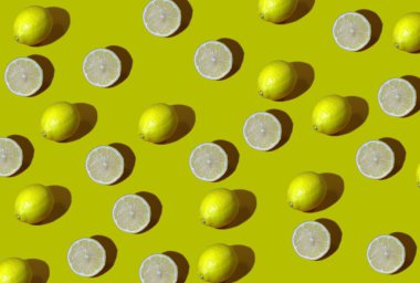 Tasarım için arka plan, pankart ve duvar kağıdı. Sarı limonlu 3D 'nin tamamı ve kesimi farklı açılardan, sarı arka planda kaotik. Desen