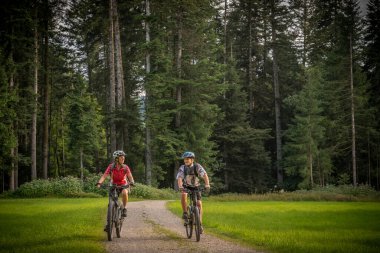 Almanya, Bavyera 'da Oberstaufen yakınlarındaki Allgaeu Alplerinde elektrotlu dağ bisikletlerine binen genç büyükanne ve torunu olarak kaldılar.