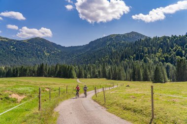 Almanya, Bavyera 'da Oberstaufen yakınlarındaki Allgaeu Alplerinde elektrotlu dağ bisikletlerine binen genç büyükanne ve torunu olarak kaldılar.