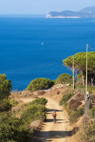 Nice Woman Riding Her Electric Mountain Bike Coastline Mediterranean Sea — Stock Photo, Image