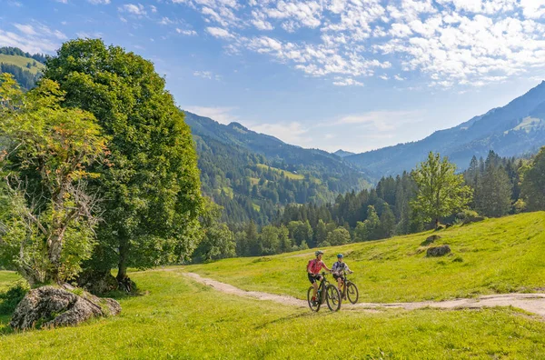 Nice Remained Young Grandmother Her Grandson Riding Electrc Mountain Bikes — Stock Photo, Image