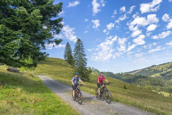 Almanya Bavyera Oberstaufen Yakınlarındaki Allgaeu Alplerinde Elektrotlu Dağ Bisikletlerine Binen — Stok fotoğraf