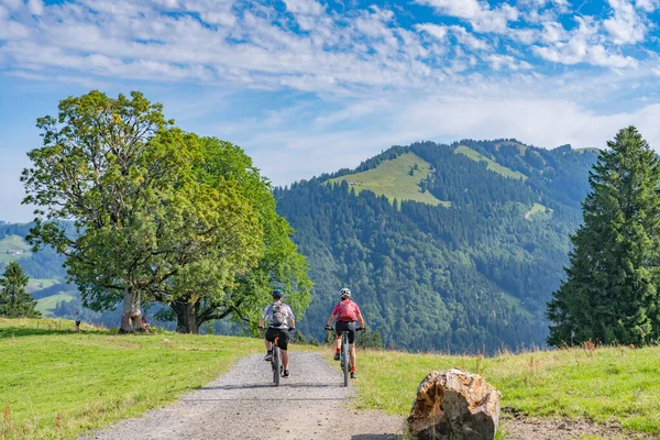 친절하고 할머니와 손자는 자전거를 바이에른 Oberstaufen 알가외 알프스에 그들의 자전거를 — 스톡 사진