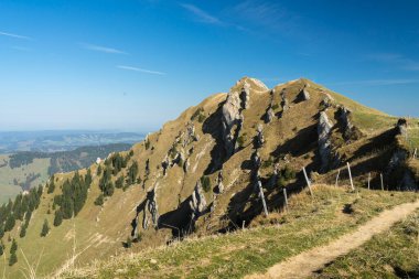 Oberstaufen, Allgaeu bölgesi, Bavyera, Almanya yakınlarındaki Nagelfluh zincirinin tepesinde sonbahar atmosferi.