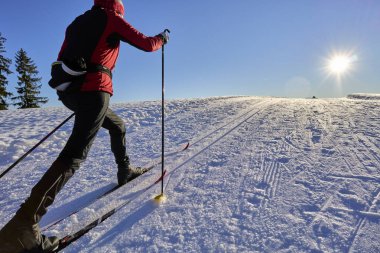      Sulzberg, Vorarlberg, Avusturya yakınlarındaki Bregenz Orman Dağları 'nda kayak yapan aktif kadın.                           