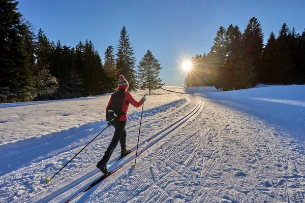 Mujer Activa Esquí Fondo Bregenz Forest Mountains Cerca Sulzberg Vorarlberg —  Fotos de Stock