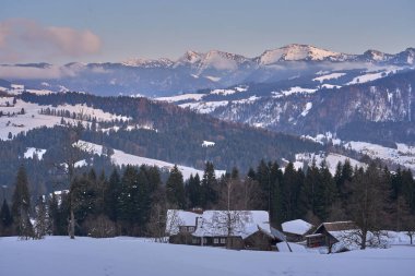     Soğuk kış manzarası Allgaeu Alpleri 'nde Nagelfluh dağ zinciri, Bavyera, Almanya ile birlikte Oberstaufen yakınlarında.                             