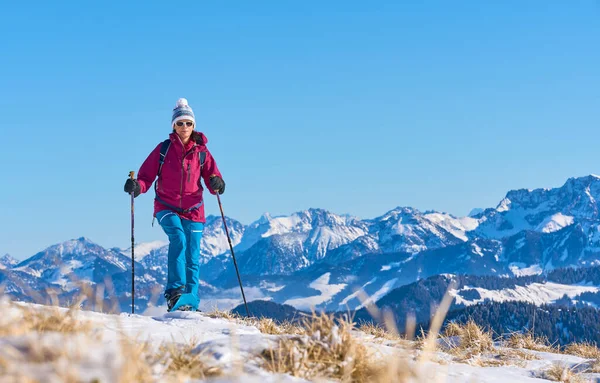 Nice Senior Woman Snowshoeing Nagelfluh Chain Hochgrat Mount Rindalphorn Steibis —  Fotos de Stock