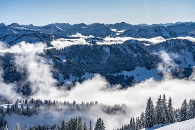 Allgaeu Dağları 'ndaki kış manzarası, Hochgrat zirvesinden Bregenz Wald dağlarına, Vorarlberg, Avusturya manzara fotoğrafçılığına kadar.