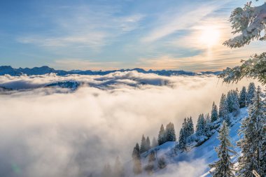 Allgaeu Dağları 'ndaki kış manzarası, Hochgrat zirvesinden Bregenz Wald dağlarına, Vorarlberg, Avusturya manzara fotoğrafçılığına kadar.