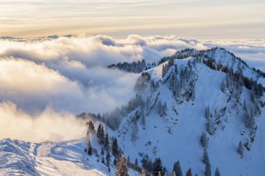 Allgaeu Dağları 'ndaki kış manzarası, Hochgrat zirvesinden Bregenz Wald dağlarına, Vorarlberg, Avusturya manzara fotoğrafçılığına kadar.