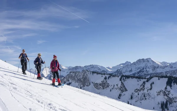 Avusturya 'nın Vorarlberg kentindeki Bezau köyünün yukarısındaki Bregenz wald dağlarında kar ayakkabısı giyen 3 kıdemli yetişkin grubu.