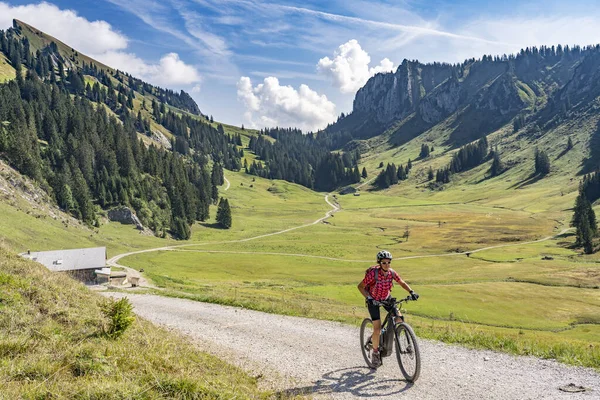 Nette Seniorin Mit Ihrem Elektro Mountainbike Schreiber Sattel Unterhalb Des — Stockfoto