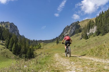 Avusturya 'nın Vorarlberg kentindeki Bregenzer Wald dağ sırasındaki Winterstaude zirvesinin aşağısındaki Schreiber Sattel' e elektrikli dağ bisikletiyle giden son sınıf öğrencisi hoş bir kadın.