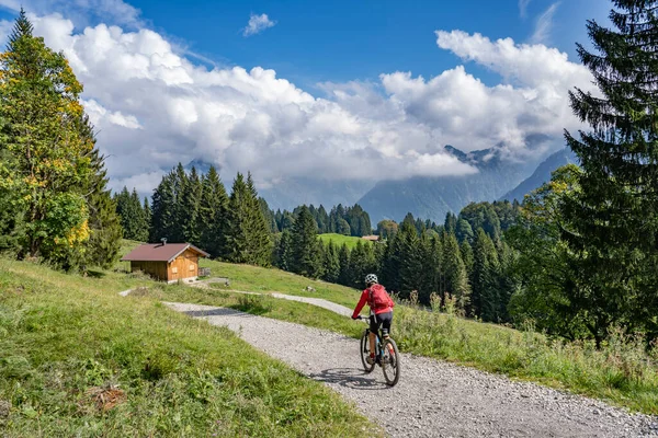 Oberstdorf, Bavyera, Almanya yakınlarındaki Allgau Alplerinde elektrikli dağ bisikletine binen hoş bir son sınıf öğrencisi.