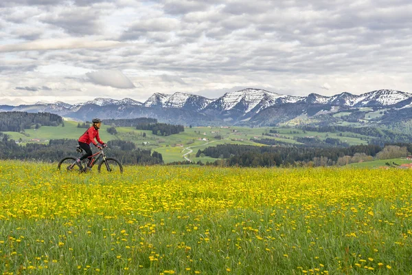 Senior Woman Mountainbiking Mountainbike Early Spring Allgaeu Area Part Bavarian — Stock Photo, Image