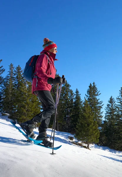 Nice Active Senior Woman Snowshoeing Allgau Alps Immenstadt Iller Valley — Stock Photo, Image