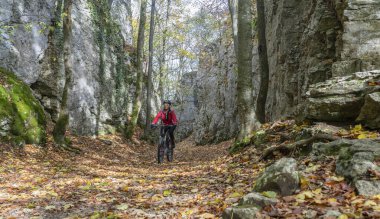 Swabian Alb, Baden Wuerttemberg, Almanya 'da renkli bir sonbahar ormanında elektrikli dağ bisikletine binen son sınıf öğrencisi hoş bir kadın.