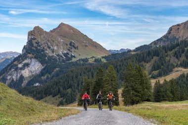 Avusturya, Vorarlberg, Mellau yakınlarındaki Bregenz Wald dağlarının sonbahar atmosferinde dağ bisikletlerine binen üç mutlu yetişkin.