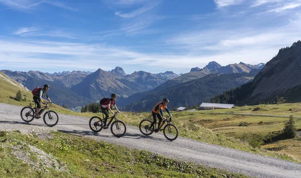 Tres Adultos Mayores Felices Montando Sus Bicicletas Montaña Atmósfera Otoñal — Foto de Stock