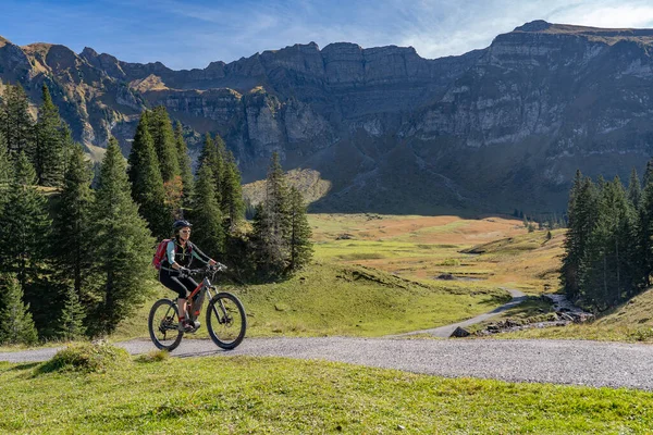 Femme Âgée Active Vélo Montagne Électrique Dans Atmosphère Automnale Des — Photo