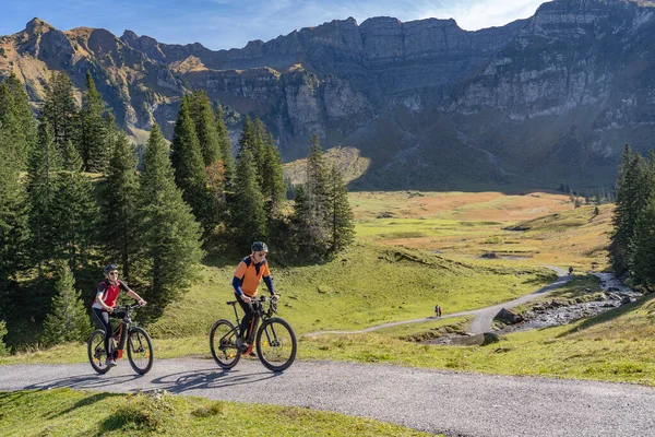 Tre Glada Äldre Vuxna Rida Sina Mountainbikes Höst Atmosfären Bregenz — Stockfoto