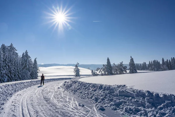 Piękna Aktywna Seniorka Narciarstwo Biegowe Swiezym Sniegu Alpach Allgau Niedaleko — Zdjęcie stockowe