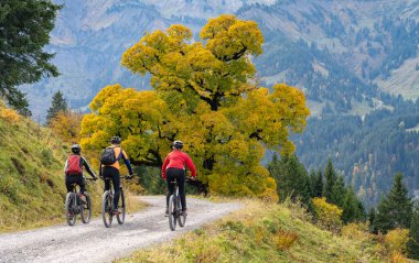 Avusturya, Vorarlberg, Mellau yakınlarındaki Bregenz Wald dağlarının sonbahar atmosferinde dağ bisikletlerine binen üç mutlu yetişkin.