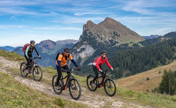 Tre Glada Äldre Vuxna Rida Sina Mountainbikes Höst Atmosfären Bregenz — Stockfoto