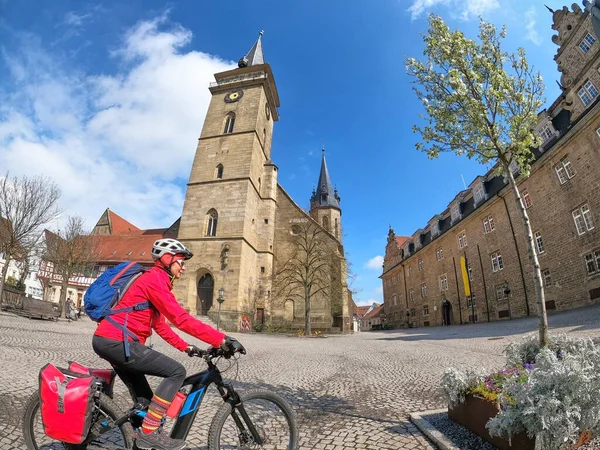 Hringen Baden Wuerttemberg Germany Woman Bicycle Tour Downtown Hringen Its — ストック写真